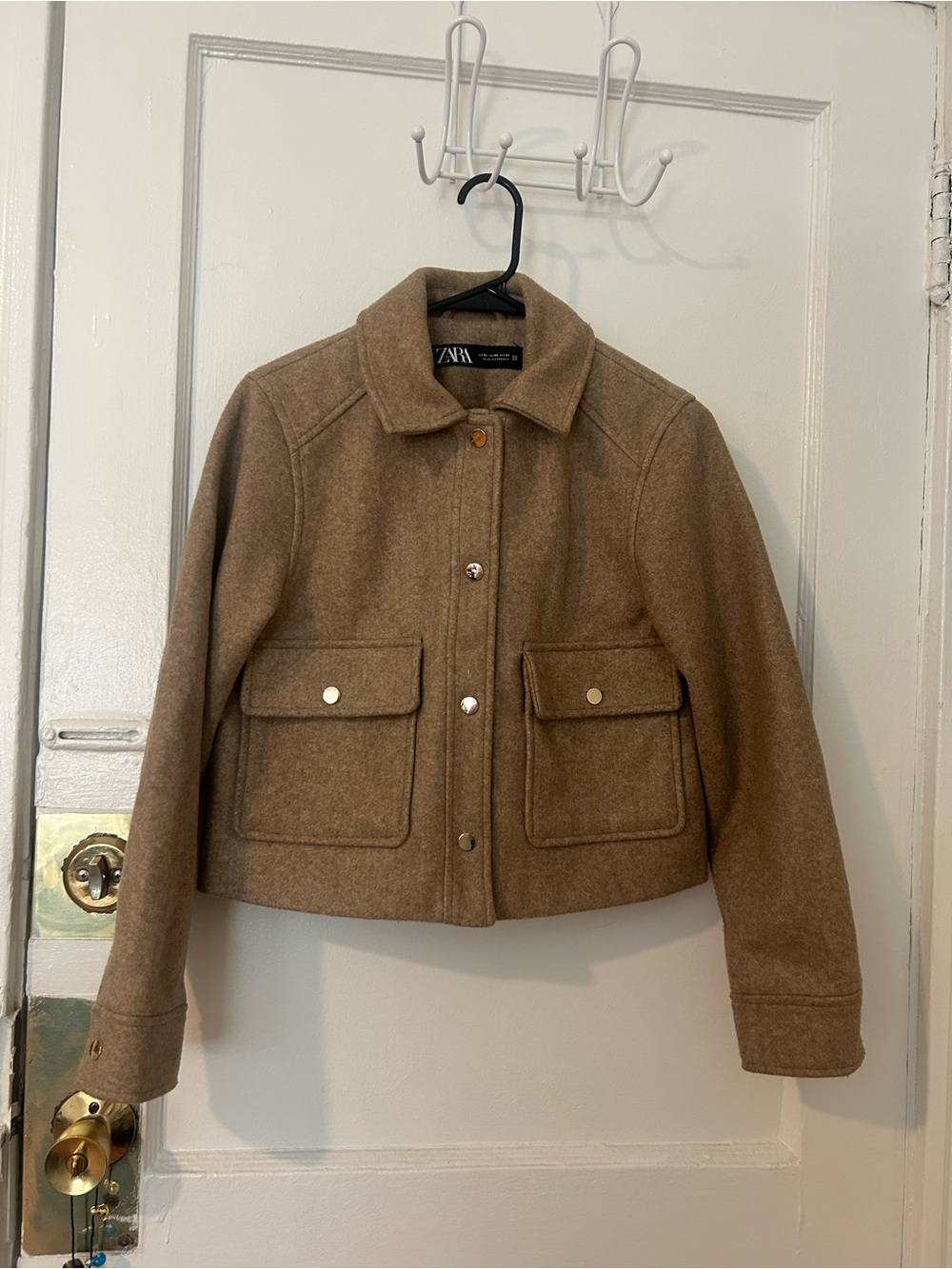 Zara Tan Cropped Wool-Blend Pea Coat